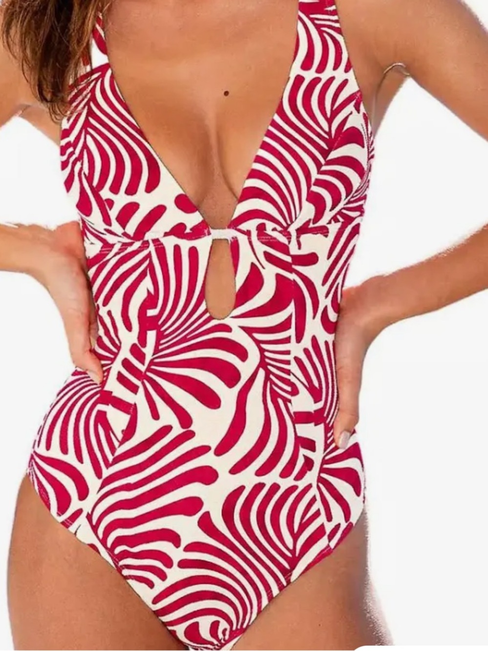 Cupshe NWT S Red & White swirl print O-Ring strappy back One-Piece Swimsuit